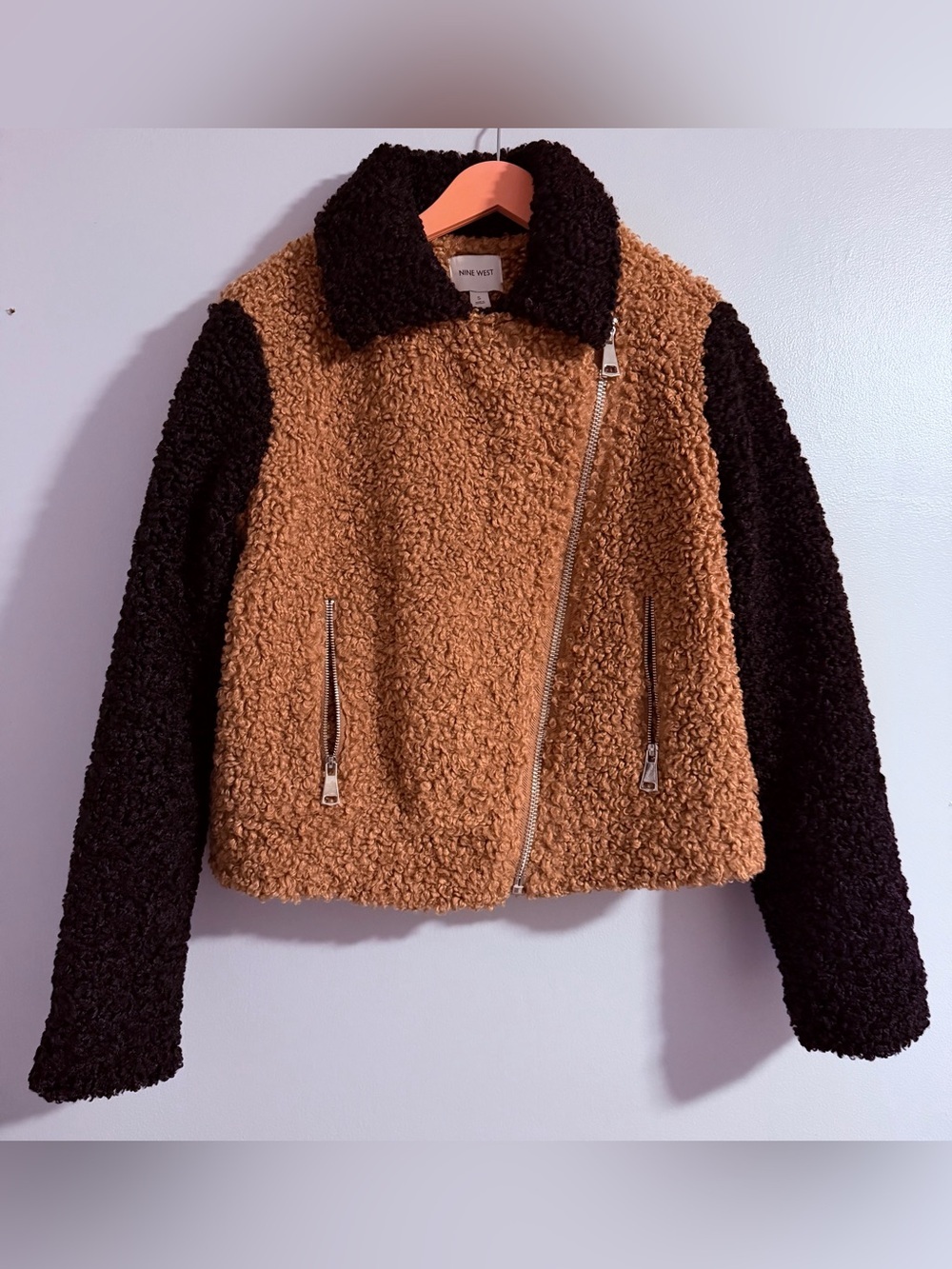 Nine West Two-Tone Sherpa Jacket in Brown and Black
